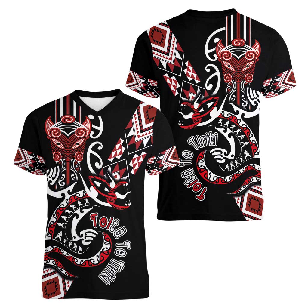 Aotearoa Toitu Te Tiriti-Honour the Treaty Women V-Neck T-Shirt Maori Taniwha Haka with Taniko and Tukutuku