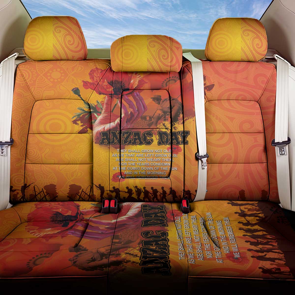 Australia and New Zealand ANZAC Day Back Car Seat Cover Soldiers Memories - Red Poppies with Aboriginal and Maori Art