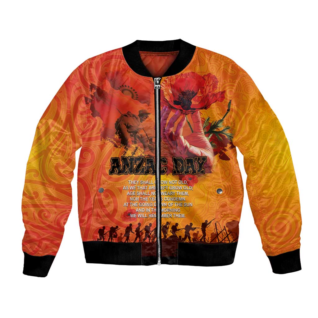 Australia and New Zealand ANZAC Day Bomber Jacket Soldiers Memories - Red Poppies with Aboriginal and Maori Art