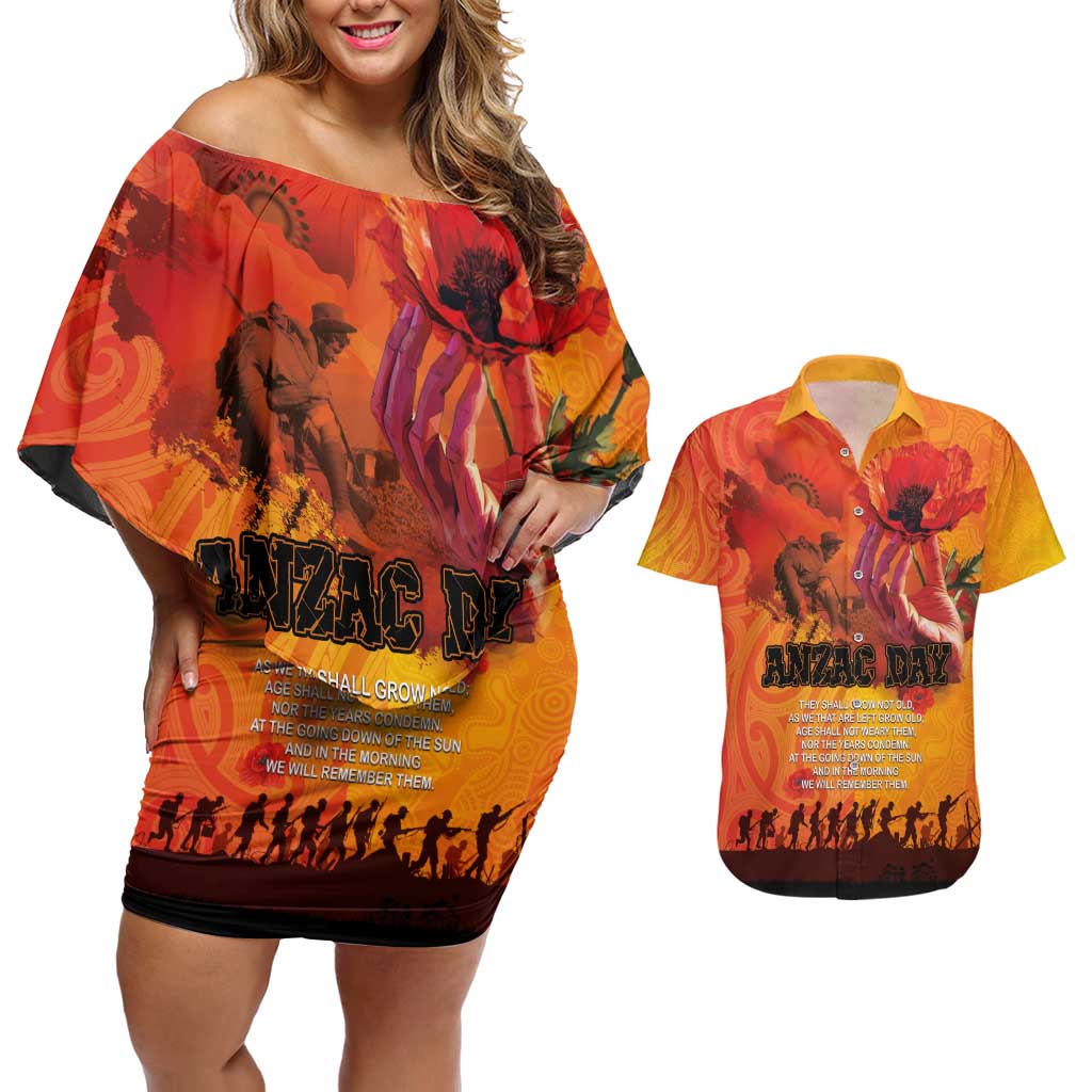 Australia and New Zealand ANZAC Day Couples Matching Off Shoulder Short Dress and Hawaiian Shirt Soldiers Memories - Red Poppies with Aboriginal and Maori Art