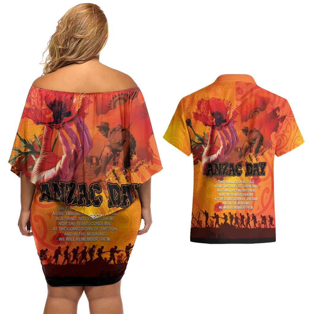 Australia and New Zealand ANZAC Day Couples Matching Off Shoulder Short Dress and Hawaiian Shirt Soldiers Memories - Red Poppies with Aboriginal and Maori Art