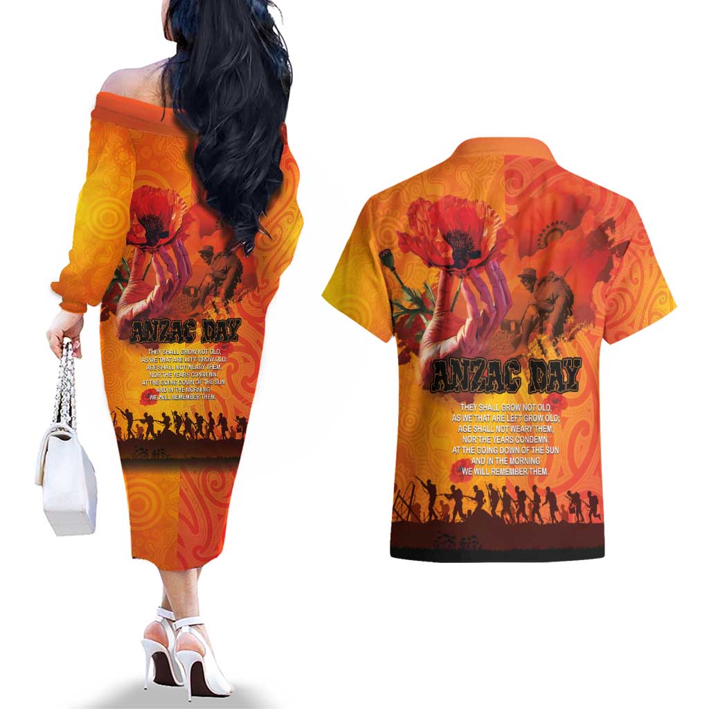 Australia and New Zealand ANZAC Day Couples Matching Off The Shoulder Long Sleeve Dress and Hawaiian Shirt Soldiers Memories - Red Poppies with Aboriginal and Maori Art