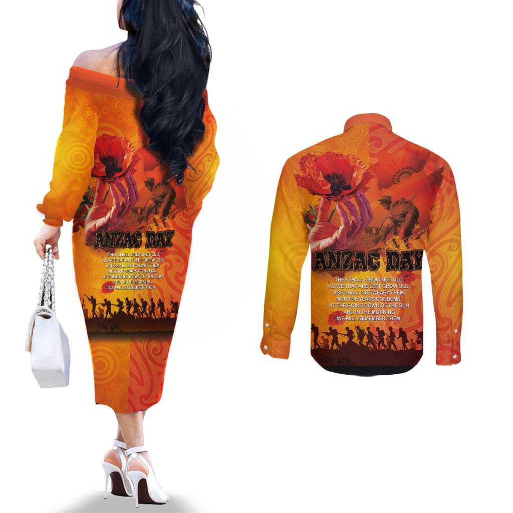 Australia and New Zealand ANZAC Day Couples Matching Off The Shoulder Long Sleeve Dress and Long Sleeve Button Shirt Soldiers Memories - Red Poppies with Aboriginal and Maori Art