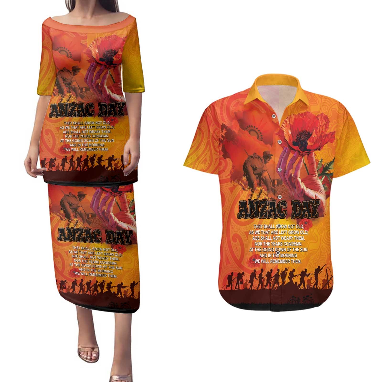Australia and New Zealand ANZAC Day Couples Matching Puletasi and Hawaiian Shirt Soldiers Memories - Red Poppies with Aboriginal and Maori Art