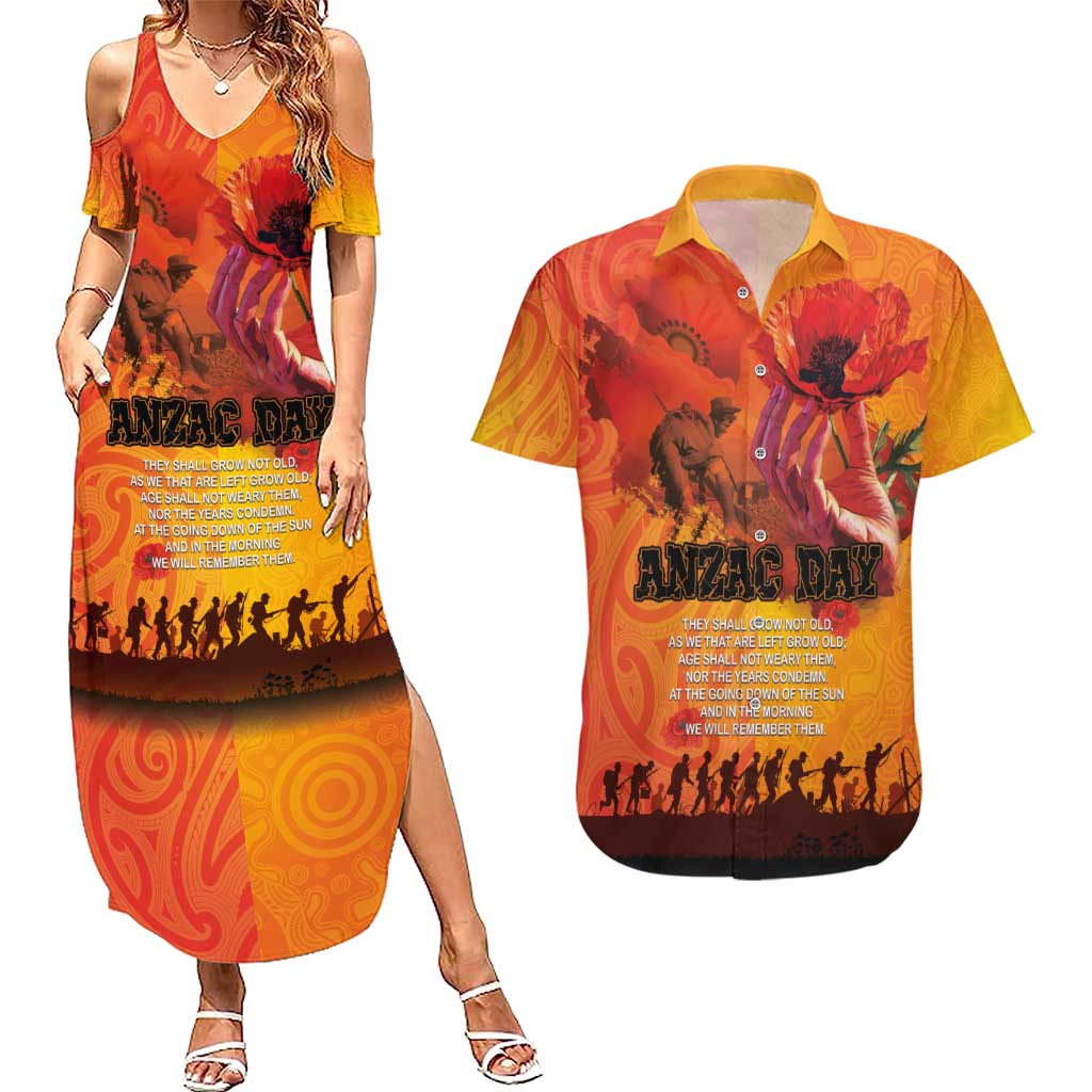 Australia and New Zealand ANZAC Day Couples Matching Summer Maxi Dress and Hawaiian Shirt Soldiers Memories - Red Poppies with Aboriginal and Maori Art