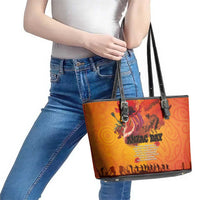 Australia and New Zealand ANZAC Day Leather Tote Bag Soldiers Memories - Red Poppies with Aboriginal and Maori Art