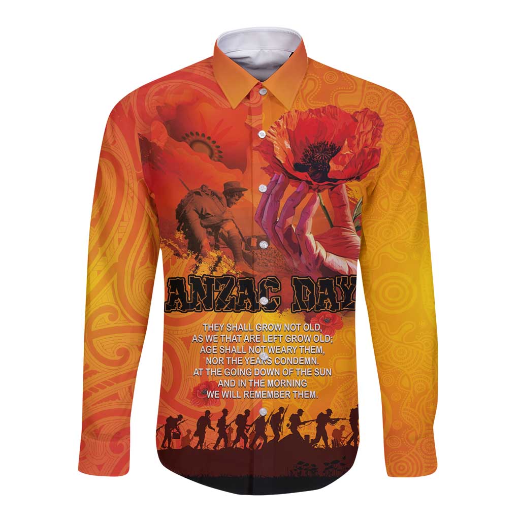 Australia and New Zealand ANZAC Day Long Sleeve Button Shirt Soldiers Memories - Red Poppies with Aboriginal and Maori Art