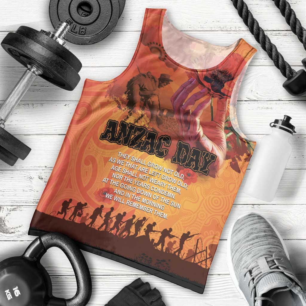 Australia and New Zealand ANZAC Day Men Tank Top Soldiers Memories - Red Poppies with Aboriginal and Maori Art