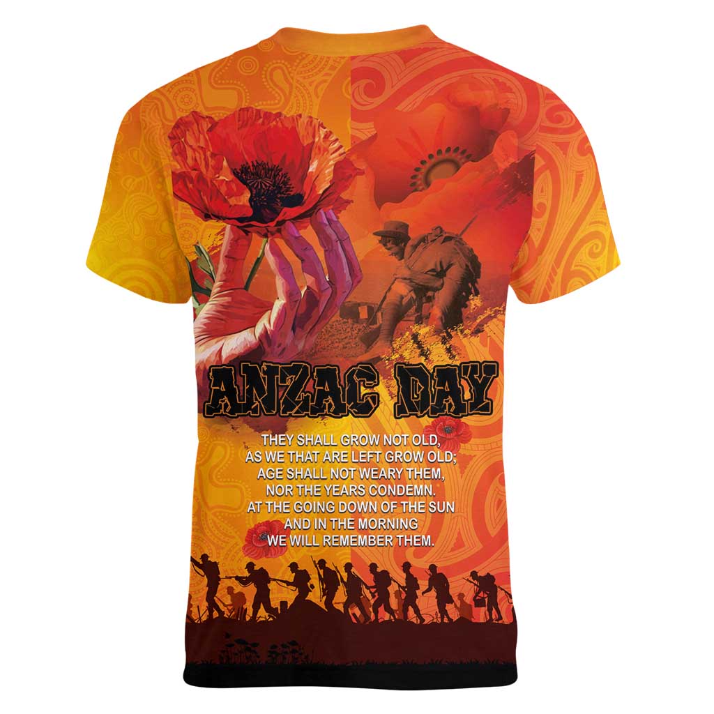 Australia and New Zealand ANZAC Day Women V-Neck T-Shirt Soldiers Memories - Red Poppies with Aboriginal and Maori Art