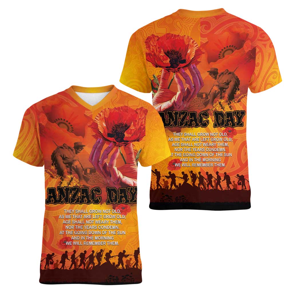 Australia and New Zealand ANZAC Day Women V-Neck T-Shirt Soldiers Memories - Red Poppies with Aboriginal and Maori Art