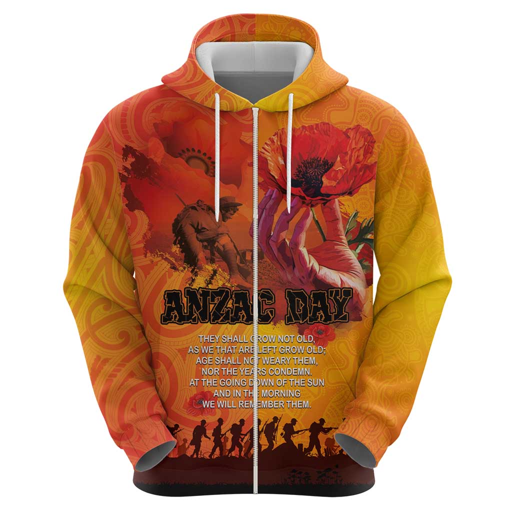 Australia and New Zealand ANZAC Day Zip Hoodie Soldiers Memories - Red Poppies with Aboriginal and Maori Art