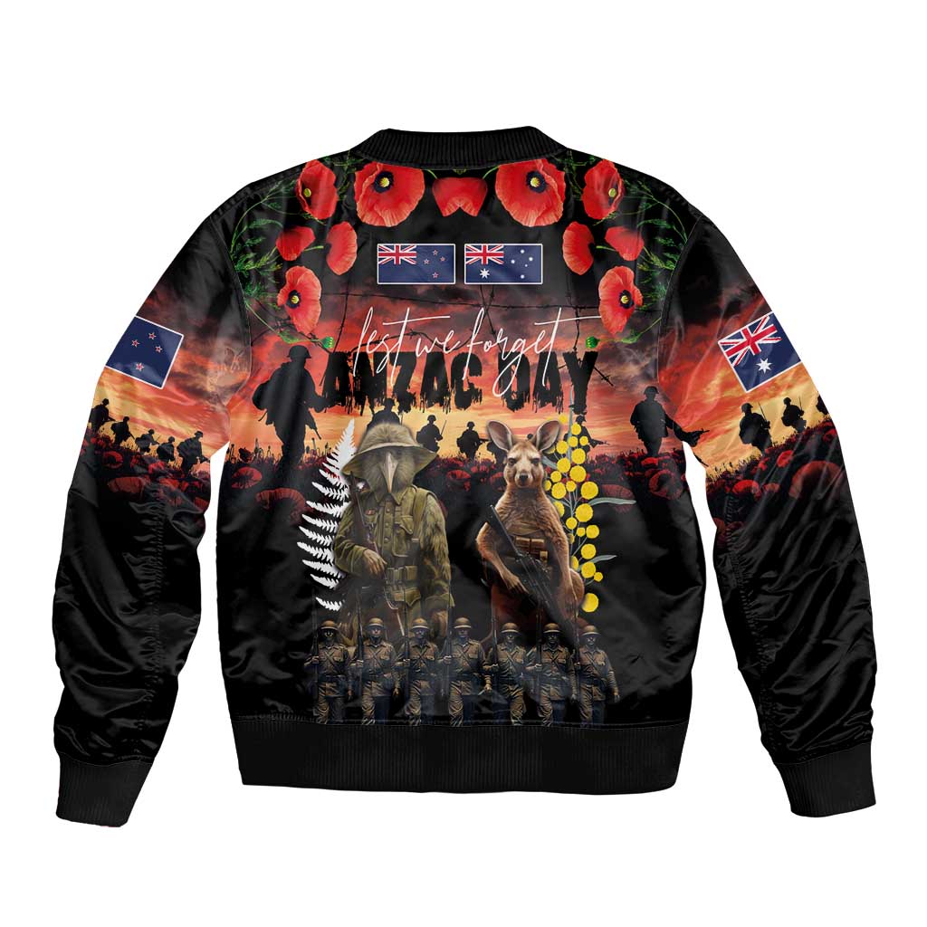 Australia and New Zealand ANZAC Day Bomber Jacket Kangaroo and Kiwi Bird Soldier - Forever in My Thoughts