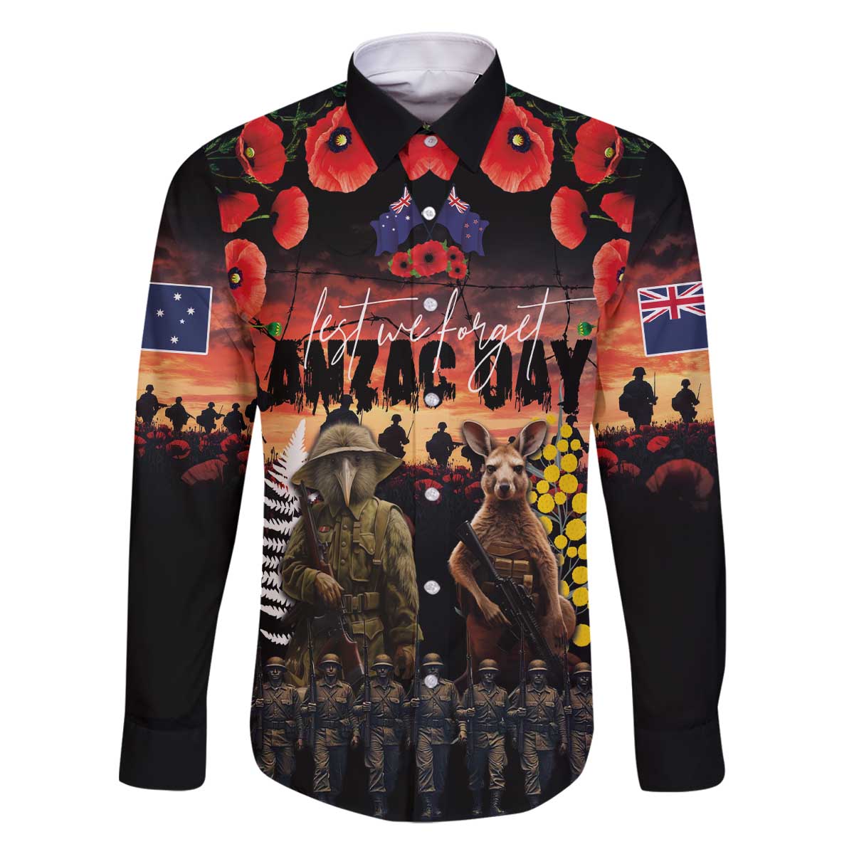 Australia and New Zealand ANZAC Day Family Matching Off The Shoulder Long Sleeve Dress and Hawaiian Shirt Kangaroo and Kiwi Bird Soldier - Forever in My Thoughts