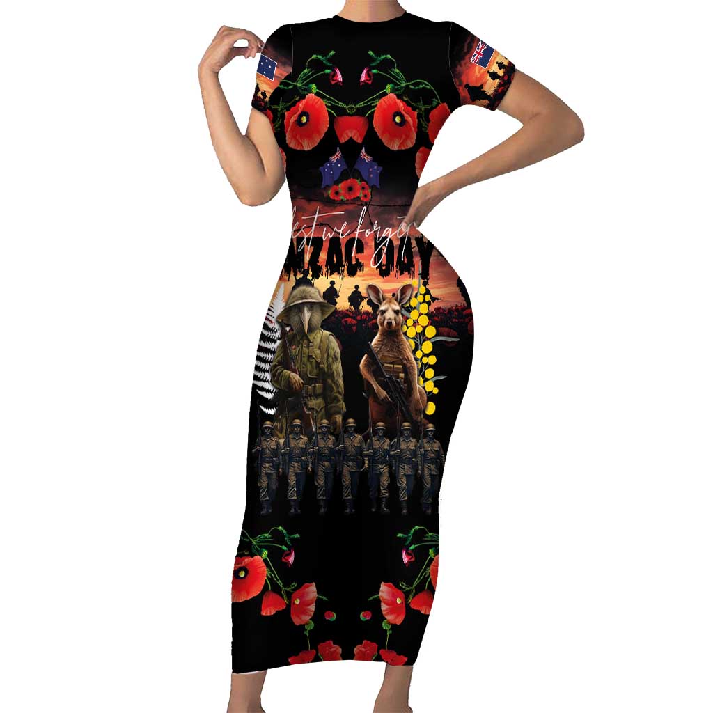 Australia and New Zealand ANZAC Day Family Matching Short Sleeve Bodycon Dress and Hawaiian Shirt Kangaroo and Kiwi Bird Soldier - Forever in My Thoughts