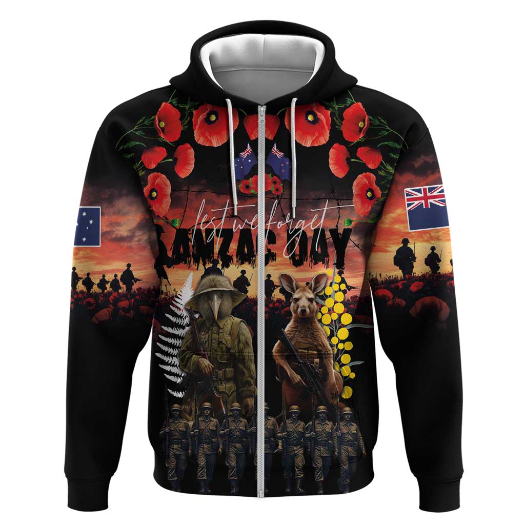 Australia and New Zealand ANZAC Day Hoodie Kangaroo and Kiwi Bird Soldier - Forever in My Thoughts