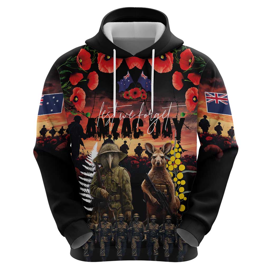 Australia and New Zealand ANZAC Day Hoodie Kangaroo and Kiwi Bird Soldier - Forever in My Thoughts