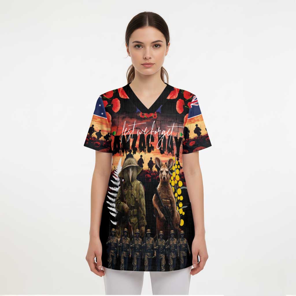 Australia and New Zealand ANZAC Day Scrub Top Kangaroo and Kiwi Bird Soldier - Forever in My Thoughts - Polynesian Pride