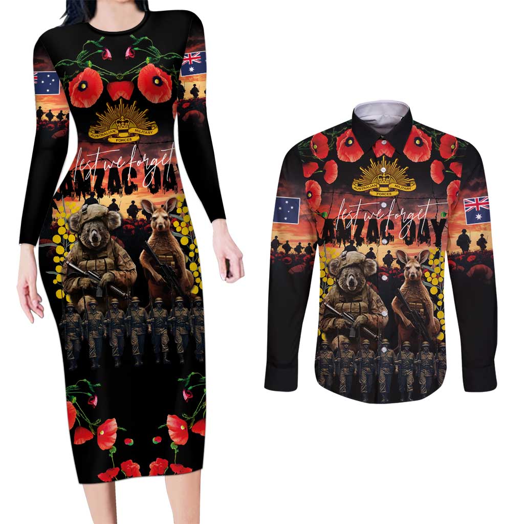 Australia ANZAC Day Couples Matching Long Sleeve Bodycon Dress and Long Sleeve Button Shirt Kangaroo and Koala Soldier - Forever in My Thoughts