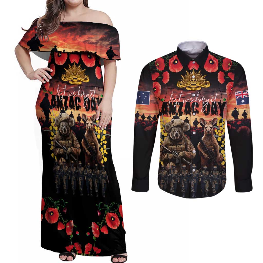 Australia ANZAC Day Couples Matching Off Shoulder Maxi Dress and Long Sleeve Button Shirt Kangaroo and Koala Soldier - Forever in My Thoughts