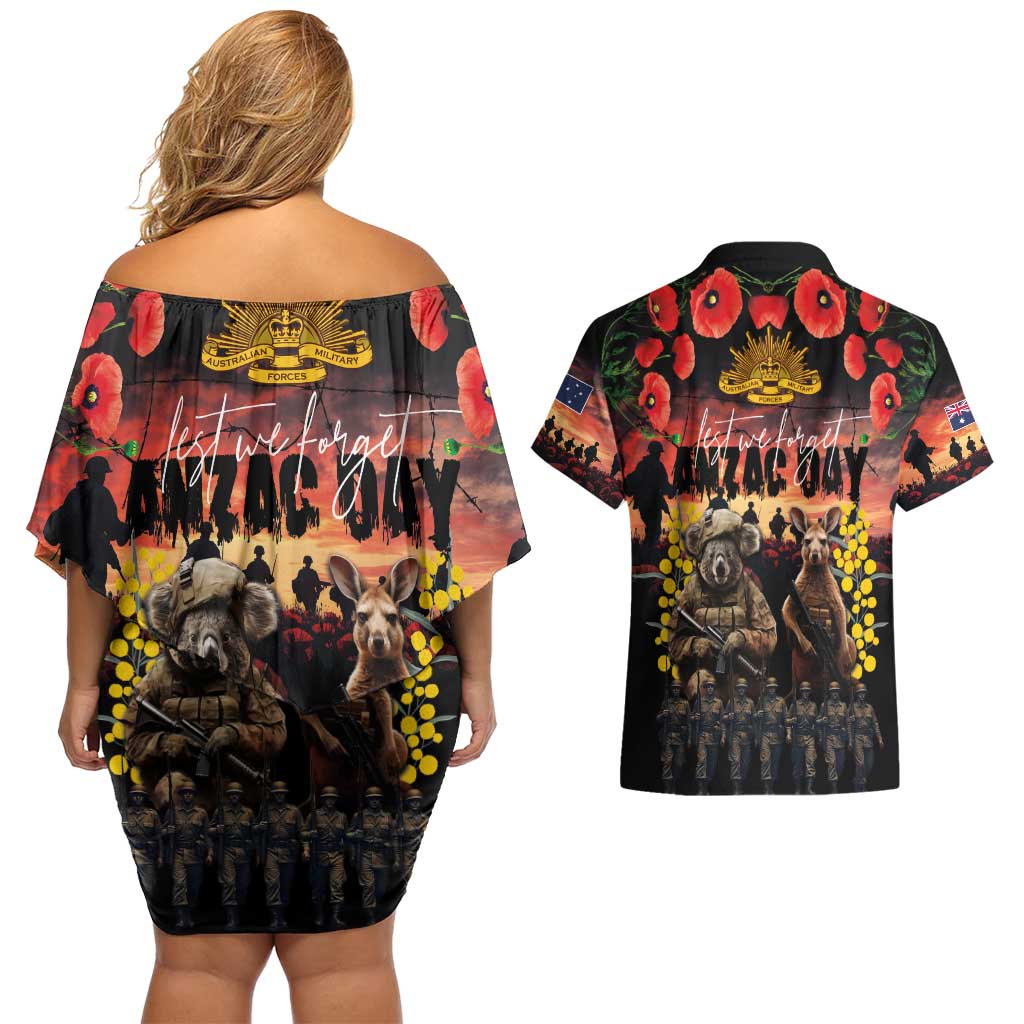 Australia ANZAC Day Couples Matching Off Shoulder Short Dress and Hawaiian Shirt Kangaroo and Koala Soldier - Forever in My Thoughts