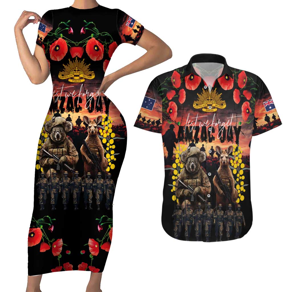 Australia ANZAC Day Couples Matching Short Sleeve Bodycon Dress and Hawaiian Shirt Kangaroo and Koala Soldier - Forever in My Thoughts
