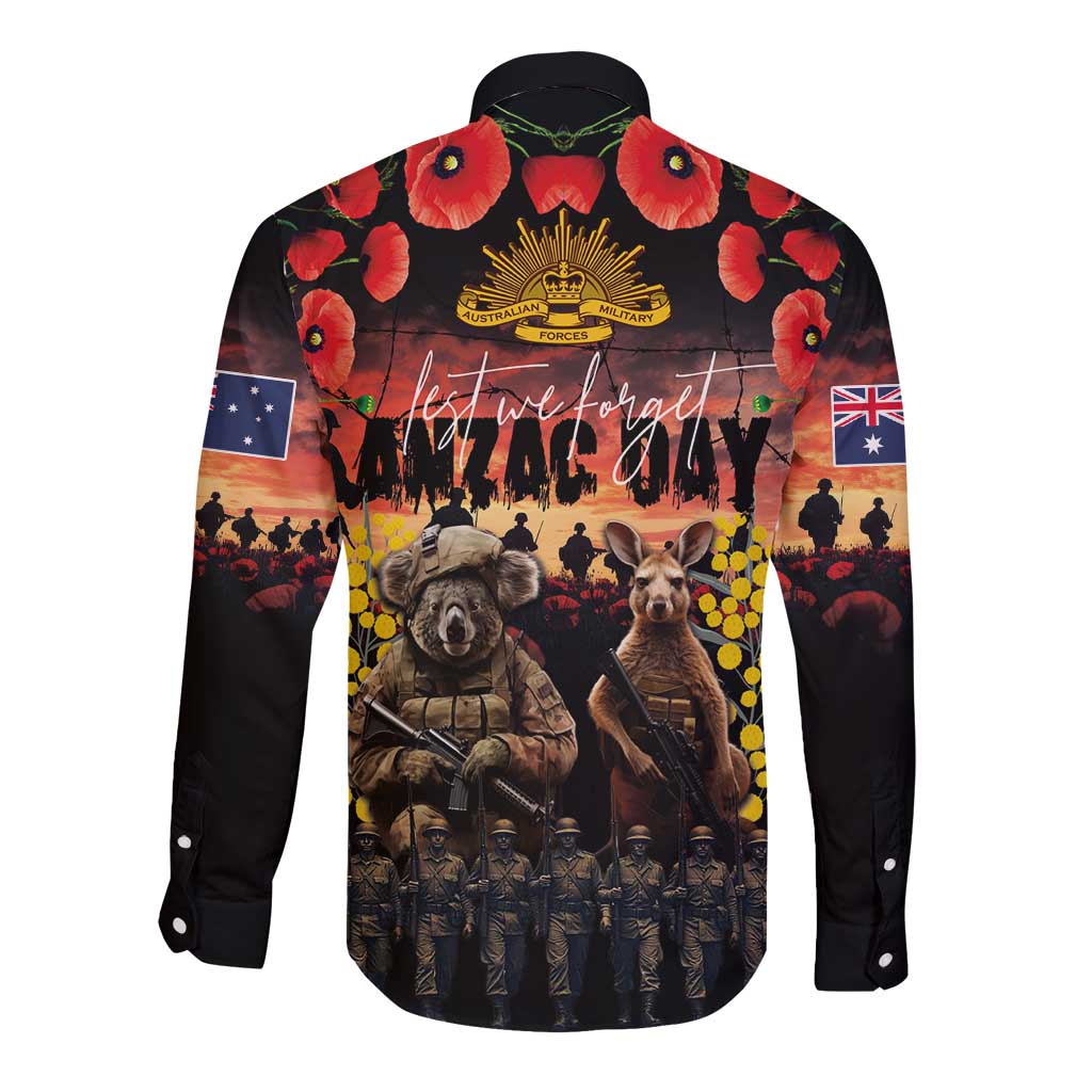 Australia ANZAC Day Long Sleeve Button Shirt Kangaroo and Koala Soldier - Forever in My Thoughts
