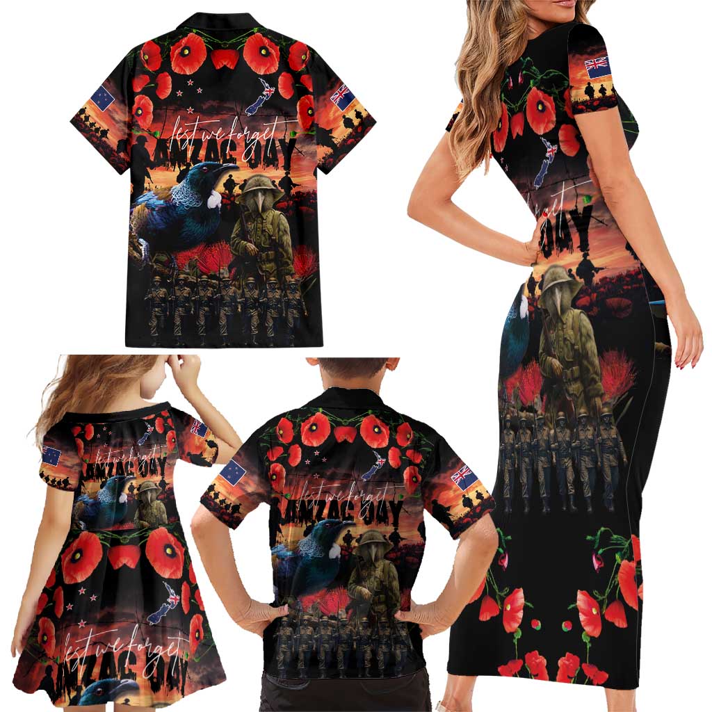 New Zealand ANZAC Day Family Matching Short Sleeve Bodycon Dress and Hawaiian Shirt Tui Bird and Kiwi Bird Soldier - Forever in My Thoughts