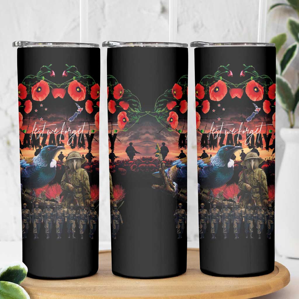 New Zealand ANZAC Day Skinny Tumbler Tui Bird and Kiwi Bird Soldier Forever in My Thoughts