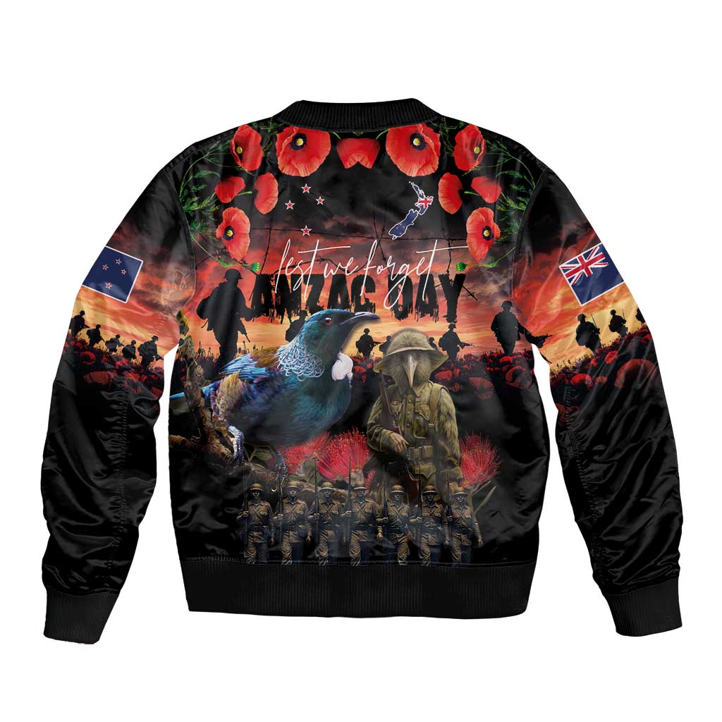 New Zealand ANZAC Day Sleeve Zip Bomber Jacket Tui Bird and Kiwi Bird Soldier - Forever in My Thoughts