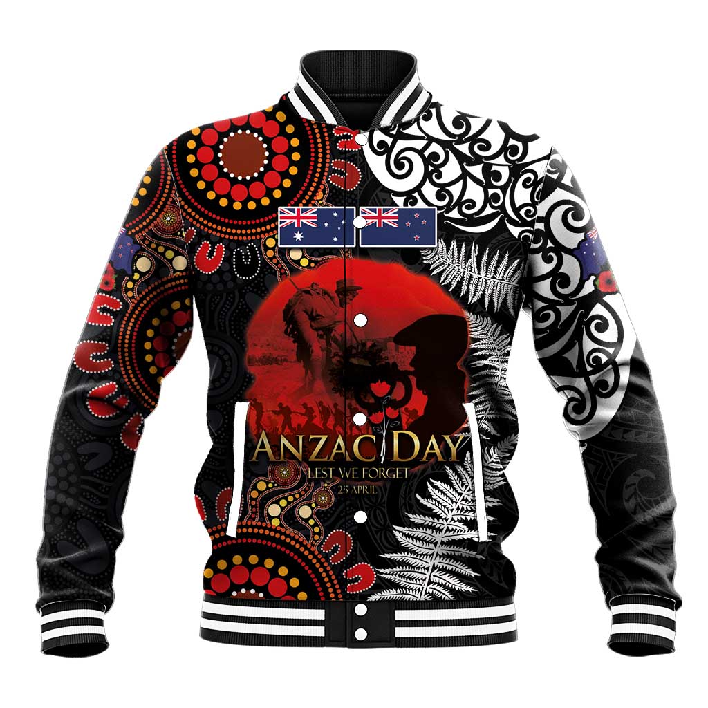 Australia and New Zealand ANZAC Day Baseball Jacket Aboriginal and Maori Art Pattern - Gallipoli Lest We Forget