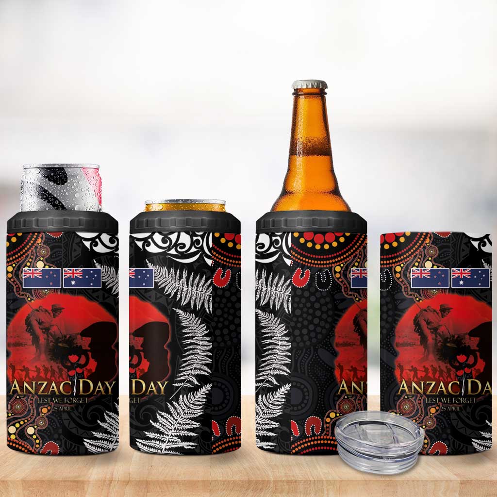 Australia and New Zealand ANZAC Day 4 in 1 Can Cooler Tumbler Aboriginal and Maori Art Pattern Gallipoli Lest We Forget