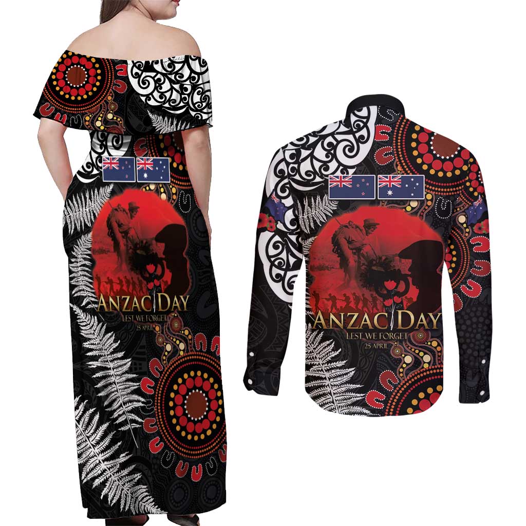 Australia and New Zealand ANZAC Day Couples Matching Off Shoulder Maxi Dress and Long Sleeve Button Shirt Aboriginal and Maori Art Pattern - Gallipoli Lest We Forget