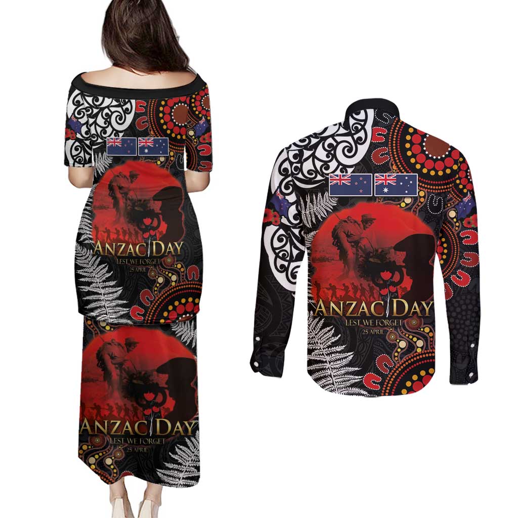 Australia and New Zealand ANZAC Day Couples Matching Puletasi and Long Sleeve Button Shirt Aboriginal and Maori Art Pattern - Gallipoli Lest We Forget