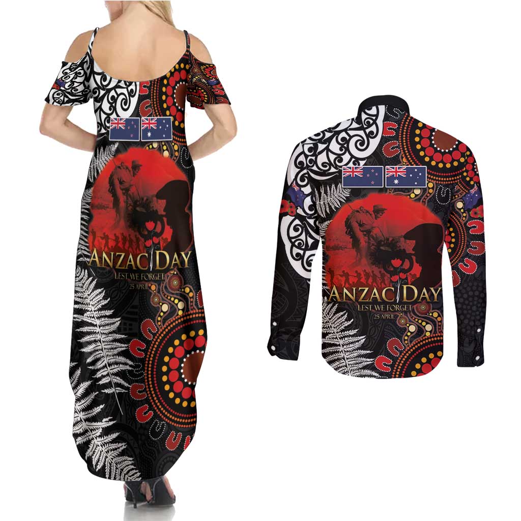 Australia and New Zealand ANZAC Day Couples Matching Summer Maxi Dress and Long Sleeve Button Shirt Aboriginal and Maori Art Pattern - Gallipoli Lest We Forget