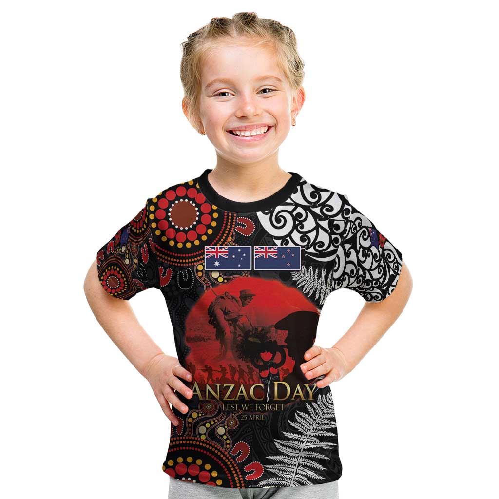 Australia and New Zealand ANZAC Day Kid T Shirt Aboriginal and Maori Art Pattern - Gallipoli Lest We Forget