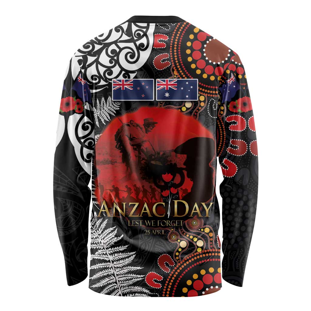 Australia and New Zealand ANZAC Day Long Sleeve Shirt Aboriginal and Maori Art Pattern - Gallipoli Lest We Forget