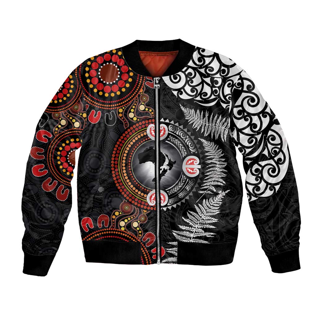Australia and New Zealand Together Bomber Jacket Aboriginal and Maori Art Tattoo LT03 Unisex Black - Polynesian Pride