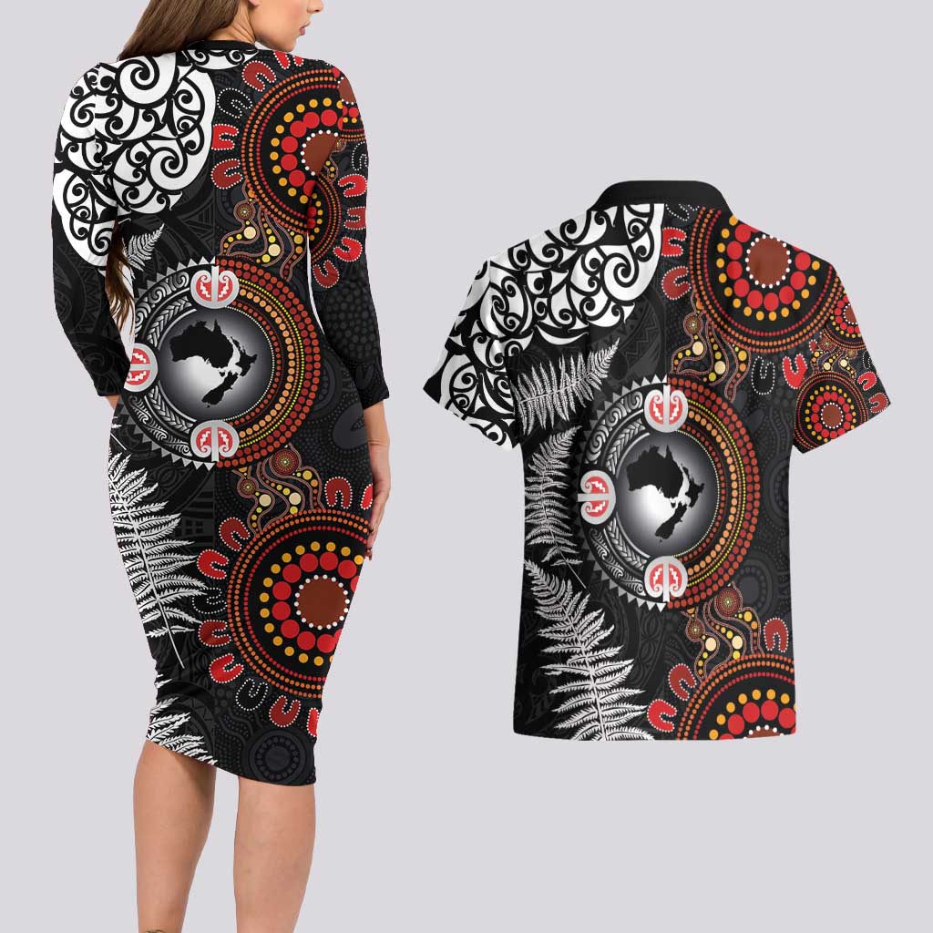 Australia and New Zealand Together Couples Matching Long Sleeve Bodycon Dress and Hawaiian Shirt Aboriginal and Maori Art Tattoo