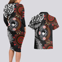 Australia and New Zealand Together Couples Matching Long Sleeve Bodycon Dress and Hawaiian Shirt Aboriginal and Maori Art Tattoo