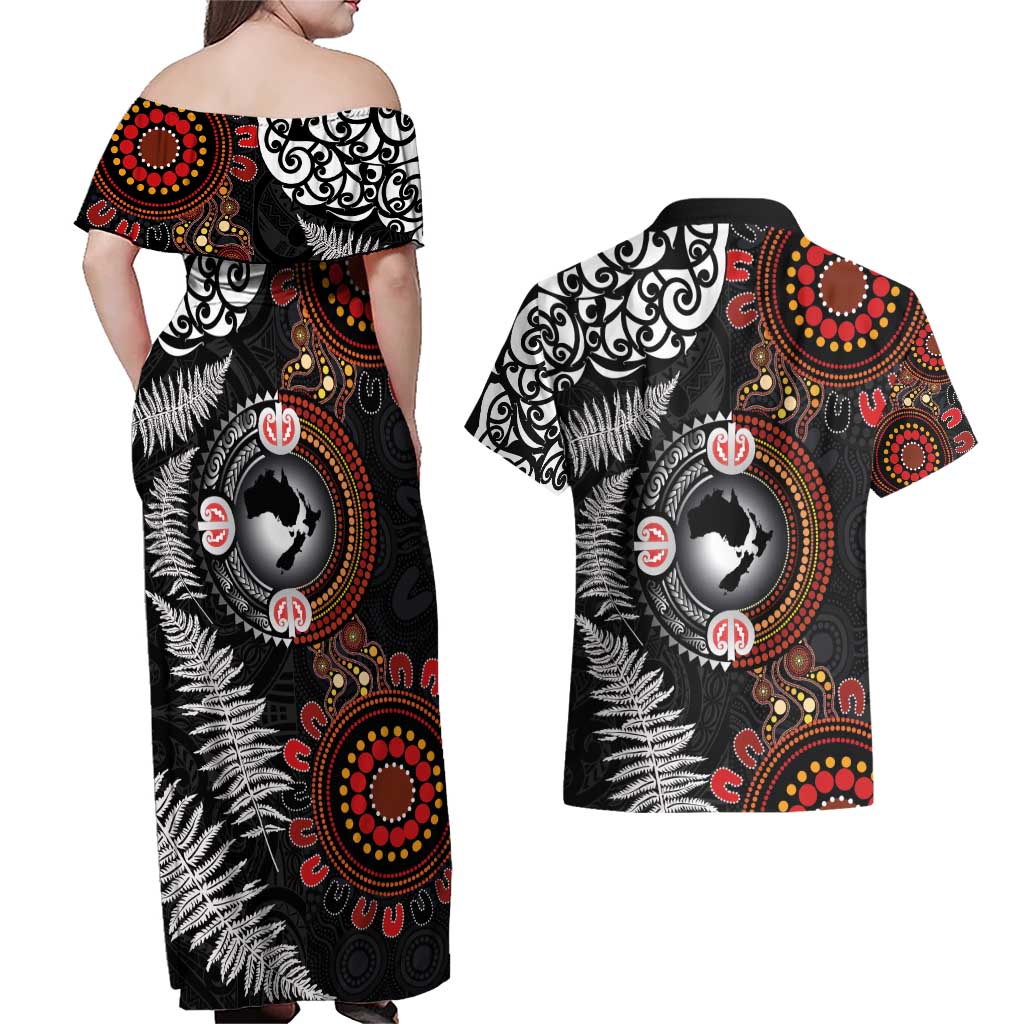 Australia and New Zealand Together Couples Matching Off Shoulder Maxi Dress and Hawaiian Shirt Aboriginal and Maori Art Tattoo