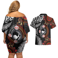 Australia and New Zealand Together Couples Matching Off Shoulder Short Dress and Hawaiian Shirt Aboriginal and Maori Art Tattoo