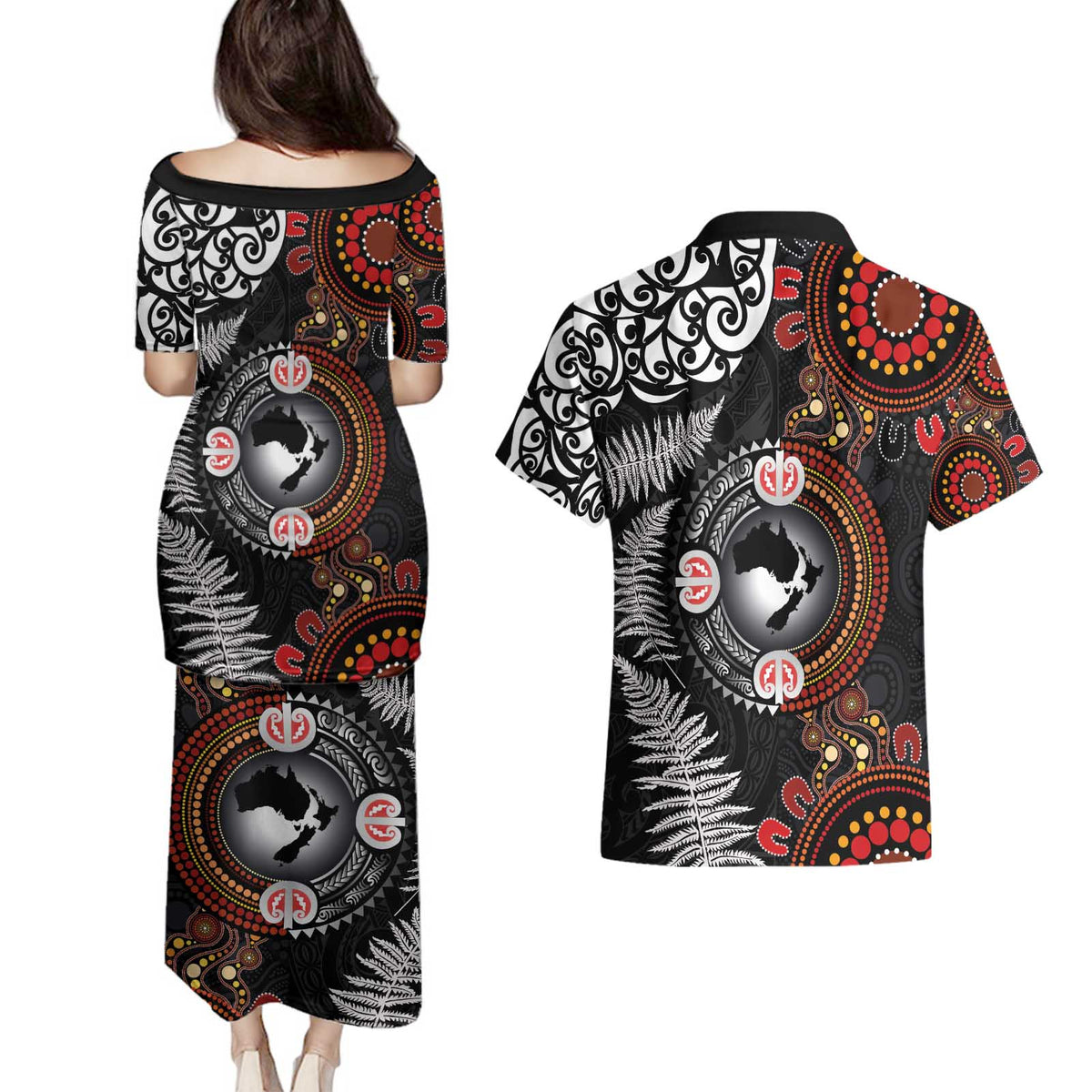 Australia and New Zealand Together Couples Matching Puletasi and Hawaiian Shirt Aboriginal and Maori Art Tattoo