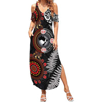 Australia and New Zealand Together Family Matching Summer Maxi Dress and Hawaiian Shirt Aboriginal and Maori Art Tattoo