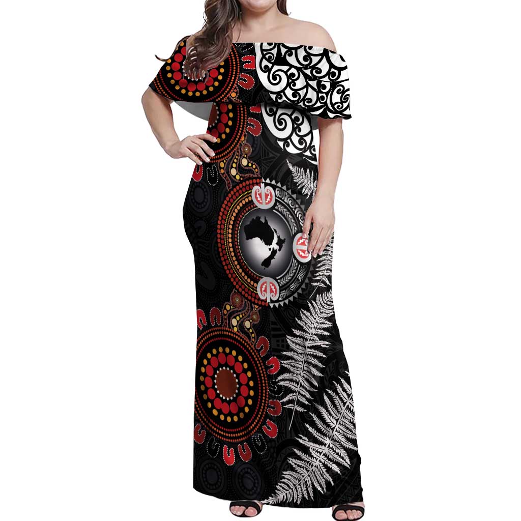 Australia and New Zealand Together Off Shoulder Maxi Dress Aboriginal and Maori Art Tattoo