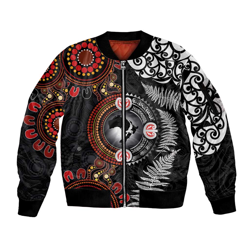 Australia and New Zealand Together Sleeve Zip Bomber Jacket Aboriginal and Maori Art Tattoo LT03 Unisex Black - Polynesian Pride