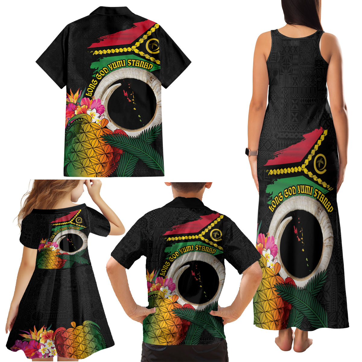 Vanuatu Selebretem 44th Indipendens Dei Family Matching Tank Maxi Dress and Hawaiian Shirt Sand Drawing Turtle Melanesian Vibes