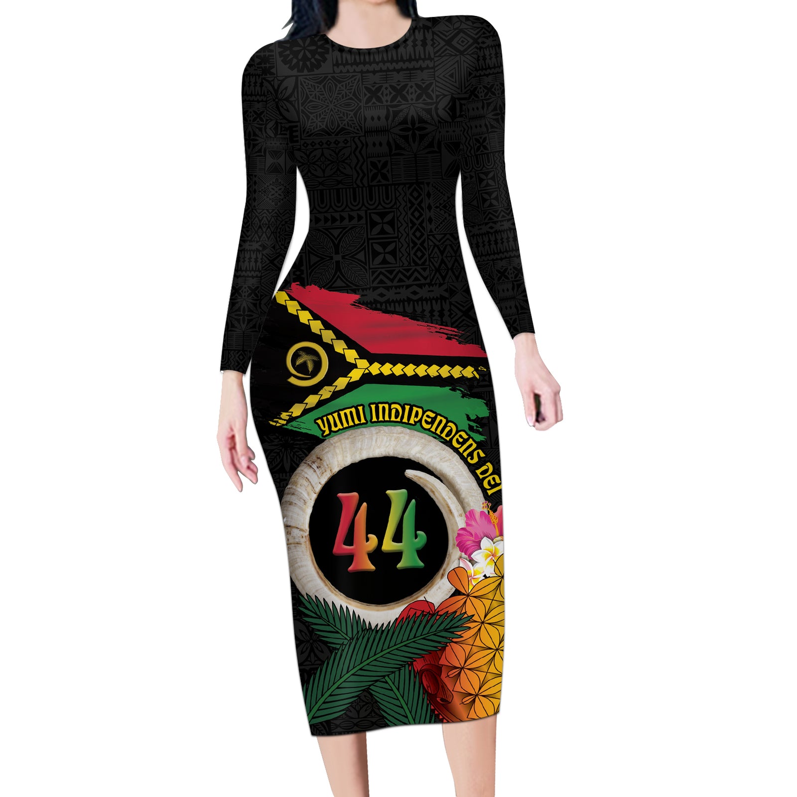 Vanuatu Selebretem 44th Indipendens Dei Long Sleeve Bodycon Dress Sand Drawing Turtle Melanesian Vibes LT03 Long Dress Black - Polynesian Pride