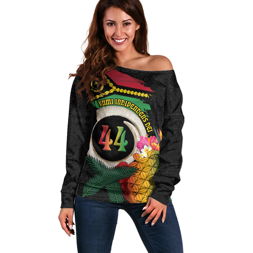 Vanuatu Selebretem 44th Indipendens Dei Off Shoulder Sweater Sand Drawing Turtle Melanesian Vibes LT03 Women Black - Polynesian Pride