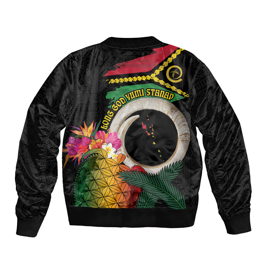 Vanuatu Selebretem 44th Indipendens Dei Sleeve Zip Bomber Jacket Sand Drawing Turtle Melanesian Vibes