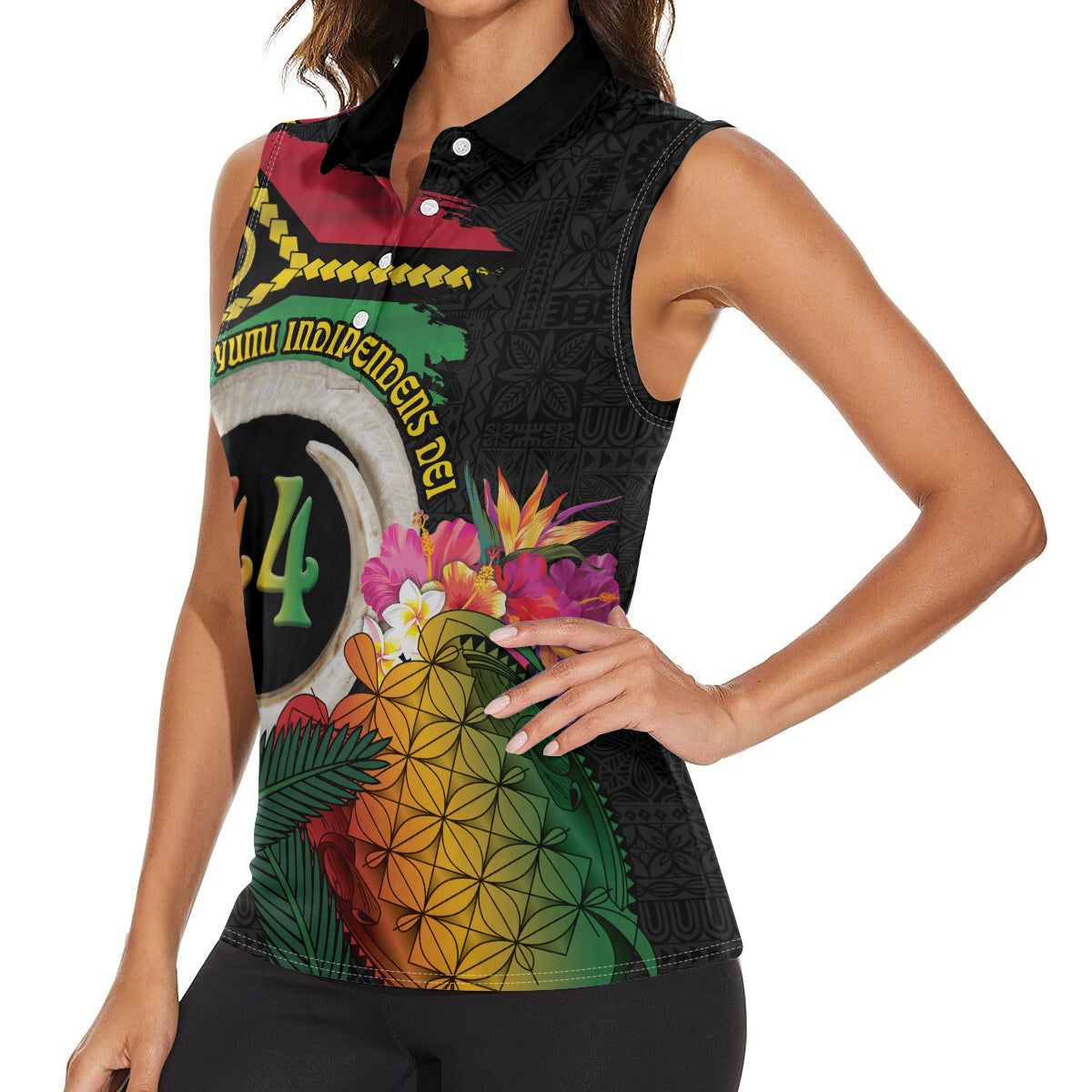 Vanuatu Selebretem 44th Indipendens Dei Women Sleeveless Polo Shirt Sand Drawing Turtle Melanesian Vibes